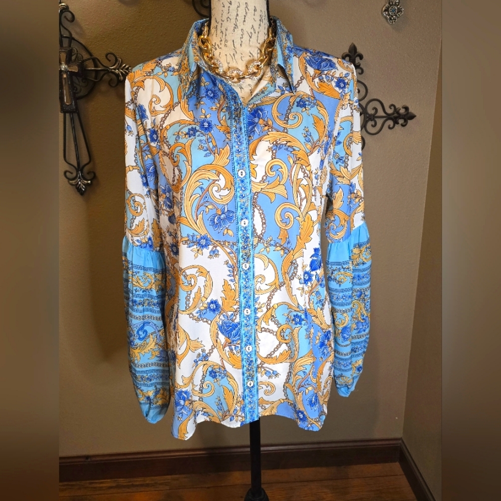 BOSTON PROPER Blue and Gold Patterned Blouse w/Puff Sleeves